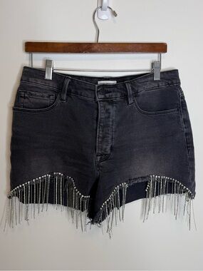 Good American Black Jean Shorts with Silver Fringe chain bombshell size 30